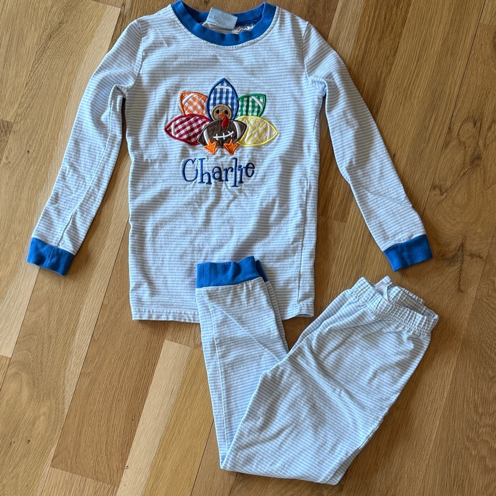 Classic Whimsy Embroidered Charlie Thanksgiving Football Turkey Pajama Set